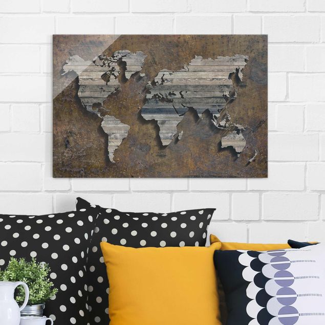 Glass prints architecture and skylines Wooden Grid World Map