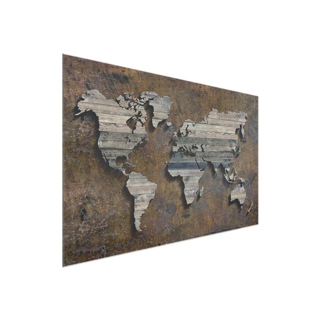 Glass prints maps Wooden Grid World Map