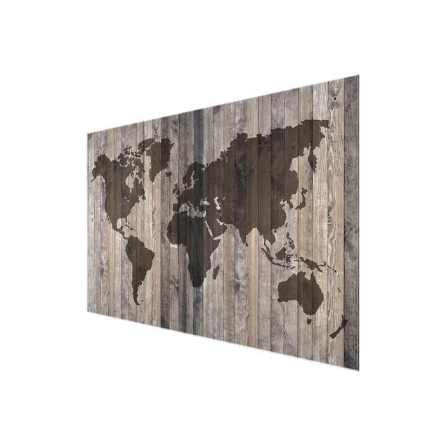 Glas Magnettafel Wood World Map