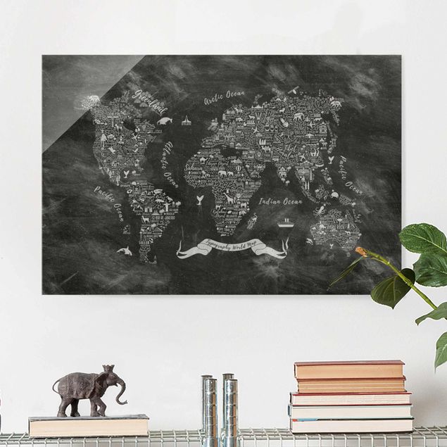 Glass prints architecture and skylines Chalk Typography World Map