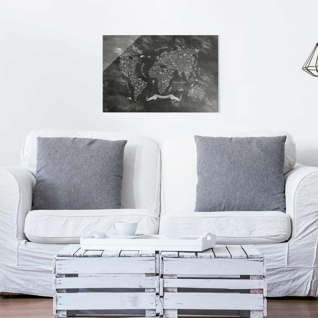 Glass prints black and white Chalk Typography World Map