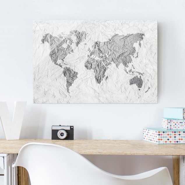 Glass prints architecture and skylines Paper World Map White Grey