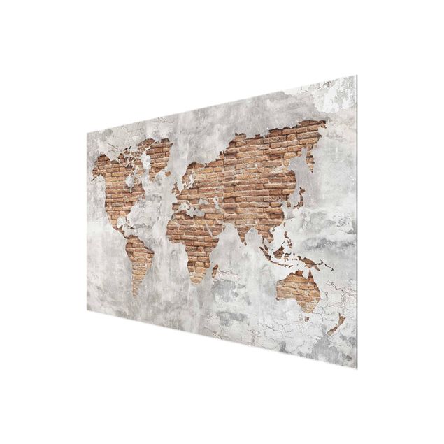 Magnettafel Glas Shabby Concrete Brick World Map