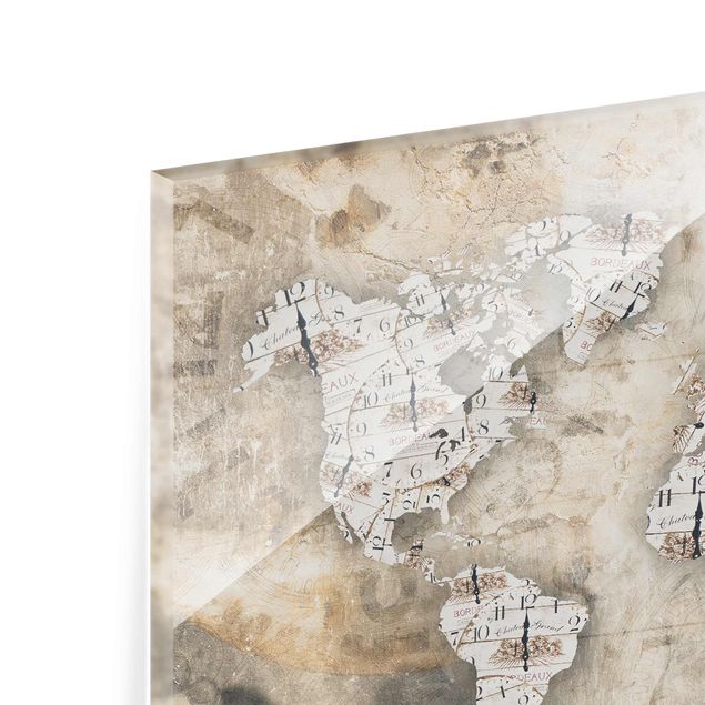 Glass print - Shabby Clocks World Map