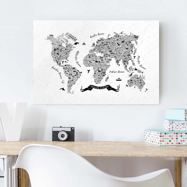 Glass prints architecture and skylines Typography World Map White