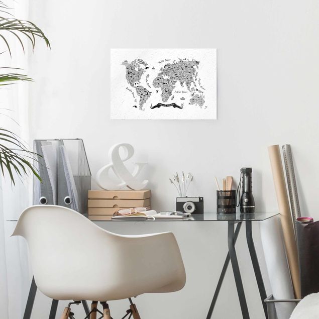 Glass prints black and white Typography World Map White