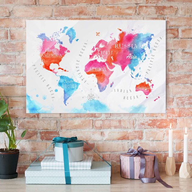 Glass prints architecture and skylines World Map Watercolour Red Blue