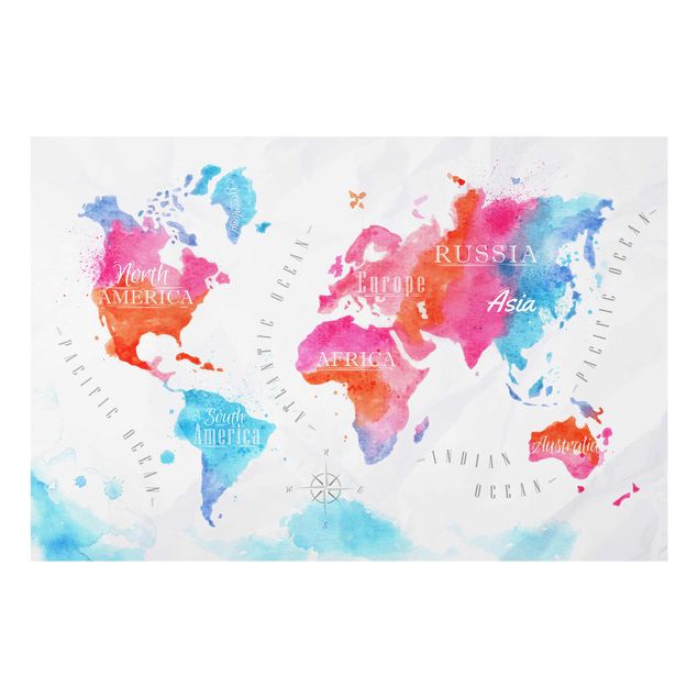 Prints blue World Map Watercolour Red Blue