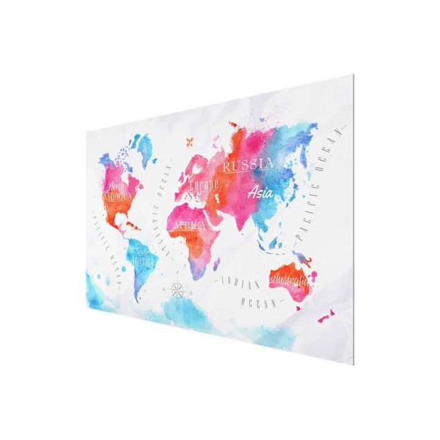 Red art prints World Map Watercolour Red Blue