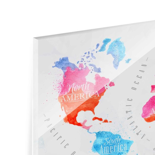 Glas Magnetboard World Map Watercolour Red Blue