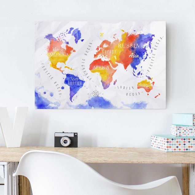 Glass prints architecture and skylines World Map Watercolour Purple Red Yellow