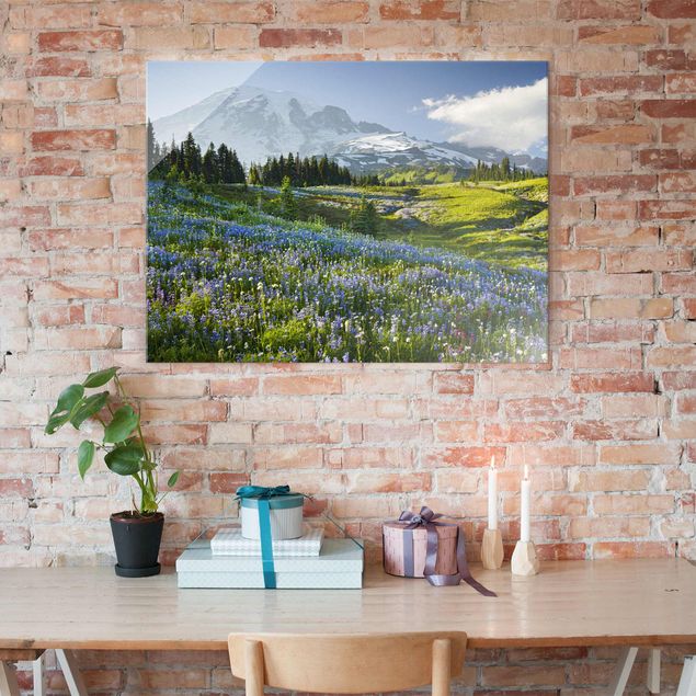 Glass prints mountain Mountain Meadow With Blue Flowers in Front of Mt. Rainier