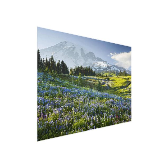 Mountain prints Mountain Meadow With Blue Flowers in Front of Mt. Rainier