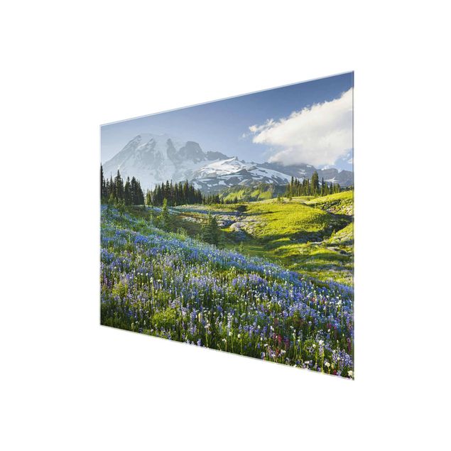 Glass prints flower Mountain Meadow With Blue Flowers in Front of Mt. Rainier