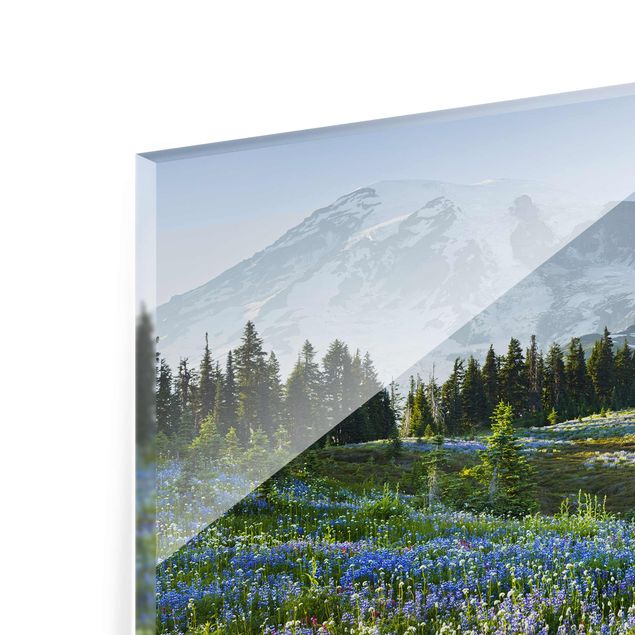 Prints floral Mountain Meadow With Blue Flowers in Front of Mt. Rainier