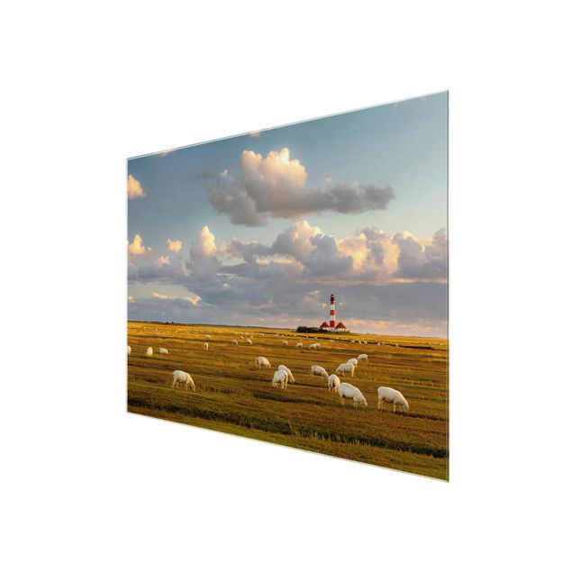 Green art prints North Sea Lighthouse With Flock Of Sheep