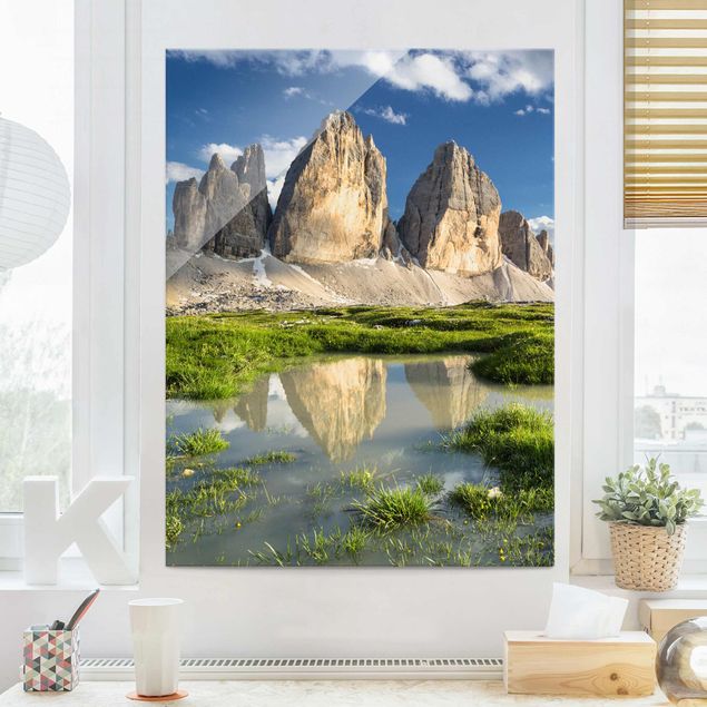 Glass prints mountain South Tyrolean Zinnen And Water Reflection