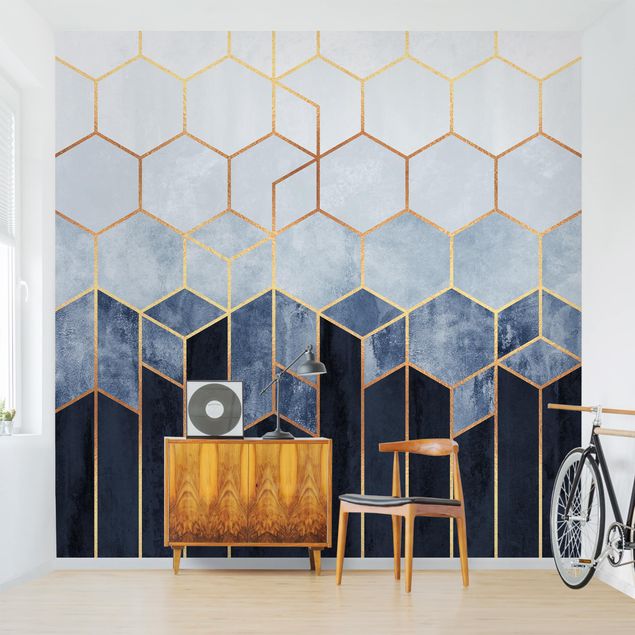Wallpapers patterns Golden Hexagons Blue White