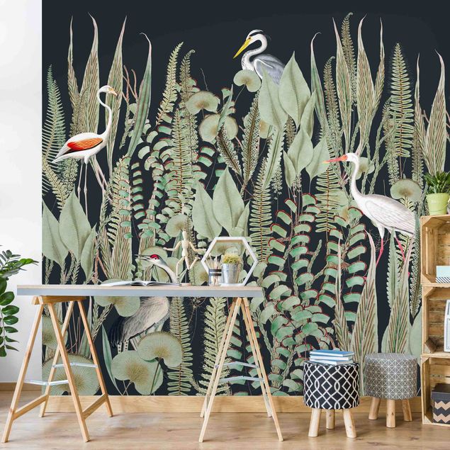 Kitchen Flamingo And Stork With Plants On Green
