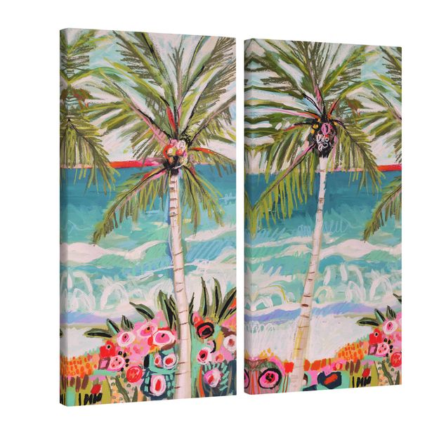 Landscape canvas wall art Palm Tree With Pink Flowers Set I