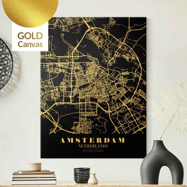 Canvas prints maps Amsterdam City Map - Classic Black