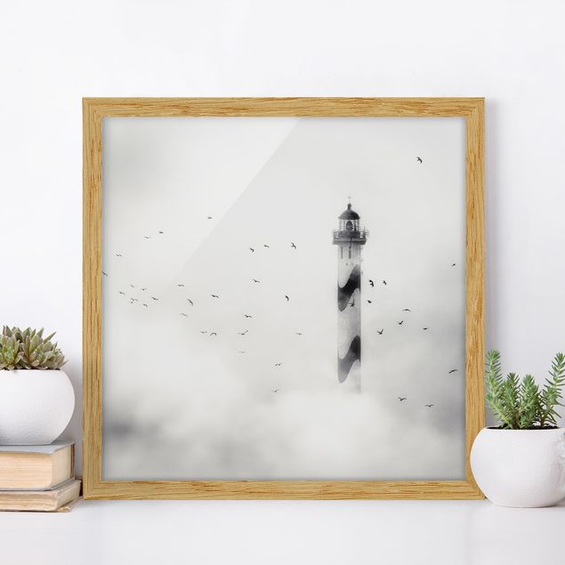 Framed beach prints Lighthouse In The Fog