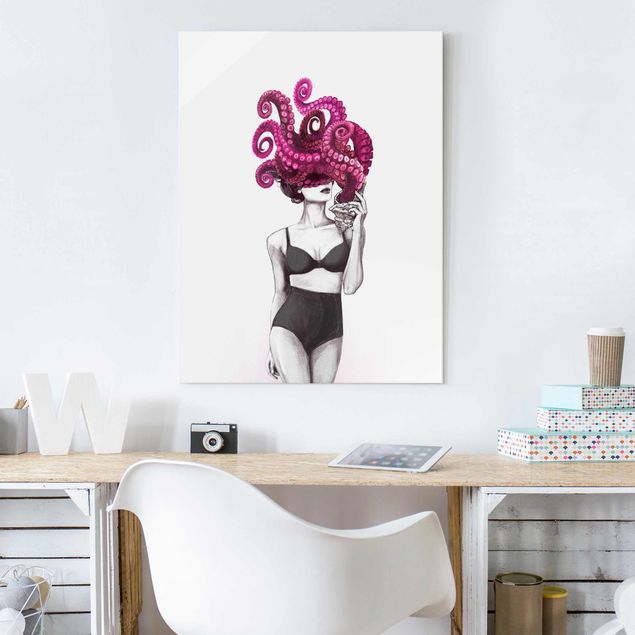 Prints fishes Illustration Woman In Underwear Black And White Octopus