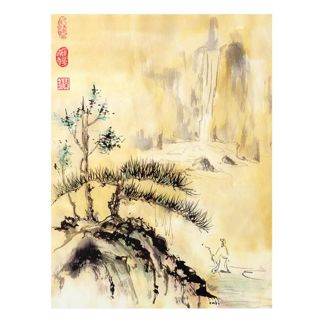 Mountain art prints Japanese Watercolour Drawing Cedars And Mountains