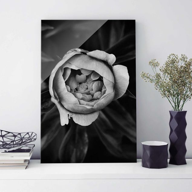 Glas Magnettafel Peonies In Front Of Leaves Black And White