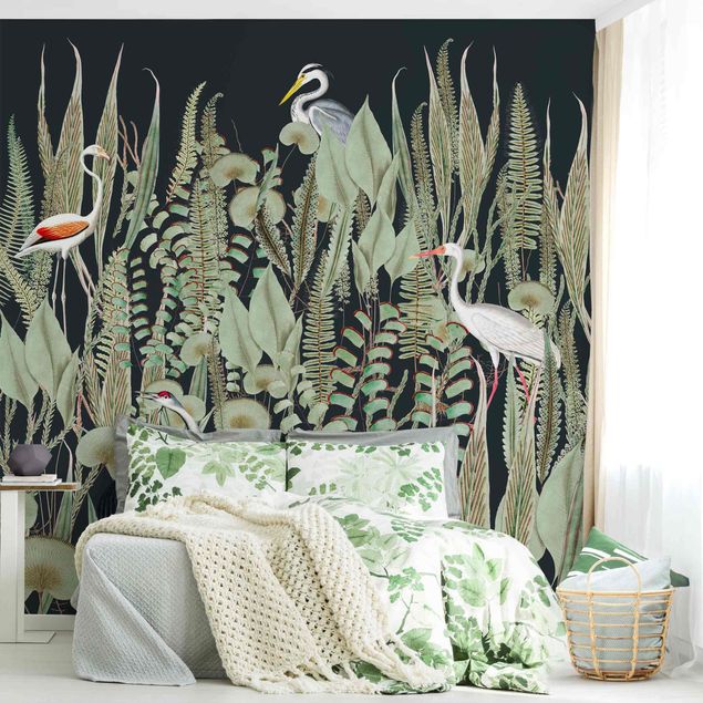 Floral wallpaper Flamingo And Stork With Plants On Green