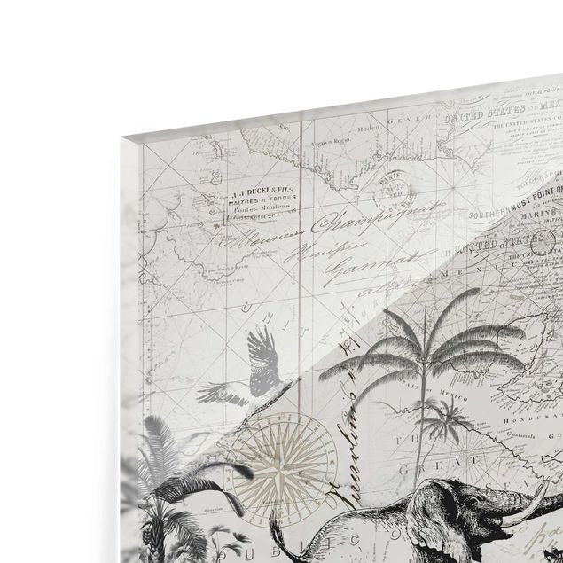 Glass prints black and white Vintage Collage - Exotic Map