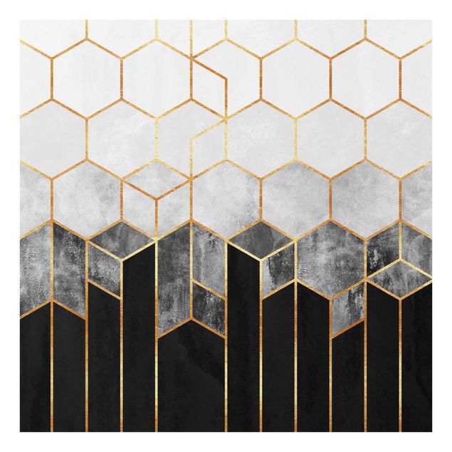 Abstract canvas wall art Golden Hexagons Black And White