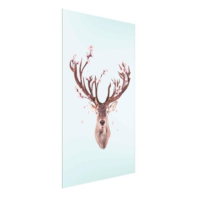 Glass prints flower Deer With Cherry Blossoms