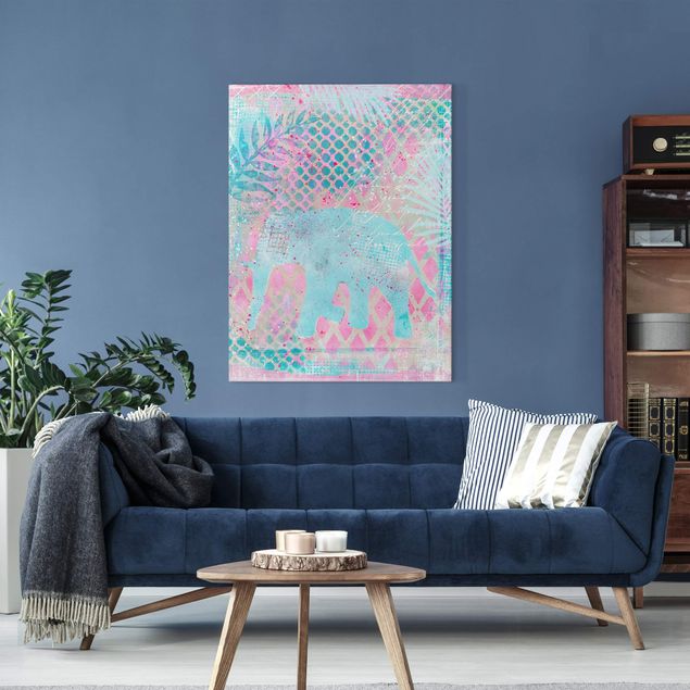 Prints landscape Colourful Collage - Elephant In Blue And Pink