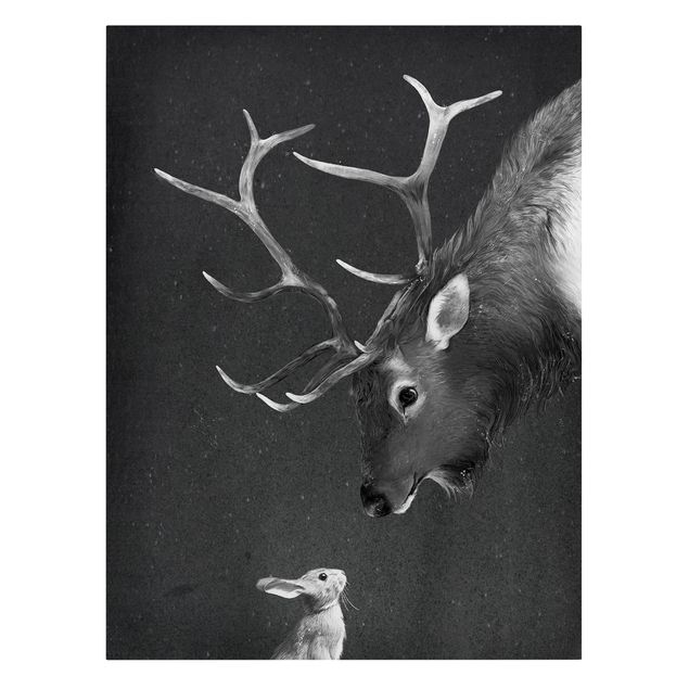 Canvas art Illustration Deer And Rabbit Black And White Drawing