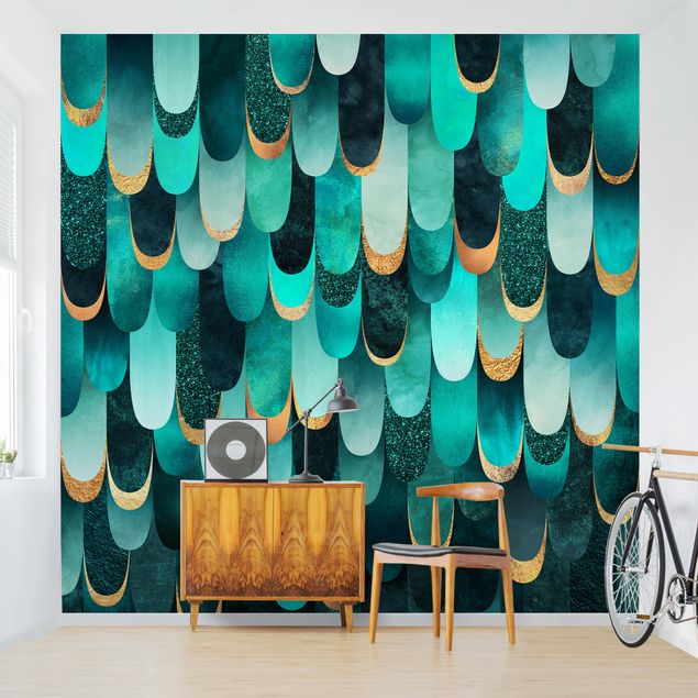 Wallpapers modern Feathers Gold Turquoise