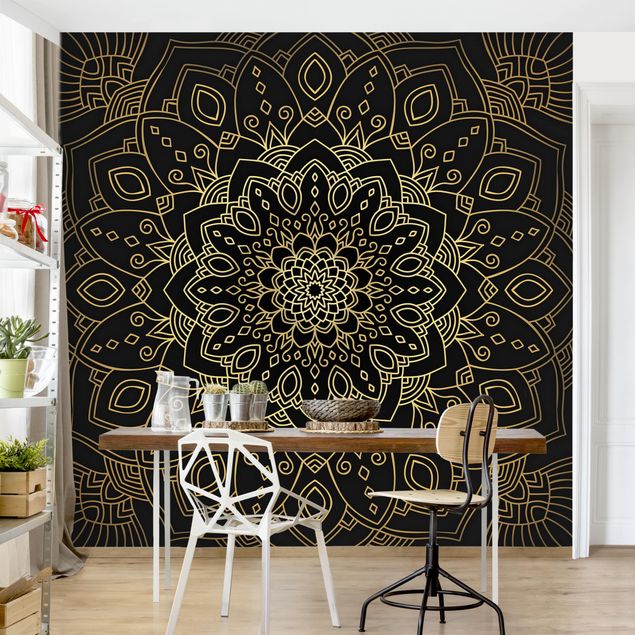 Wallpapers modern Mandala Flower Pattern Gold Black