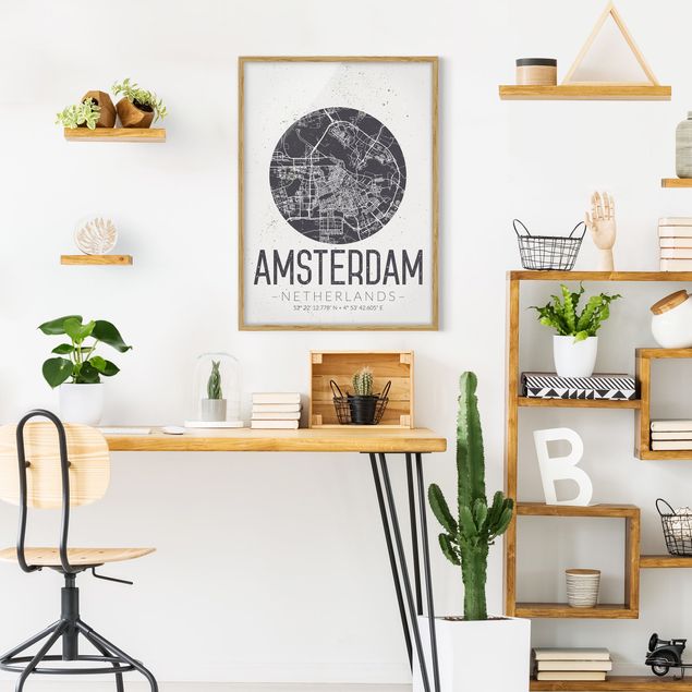 World map framed print Amsterdam City Map - Retro