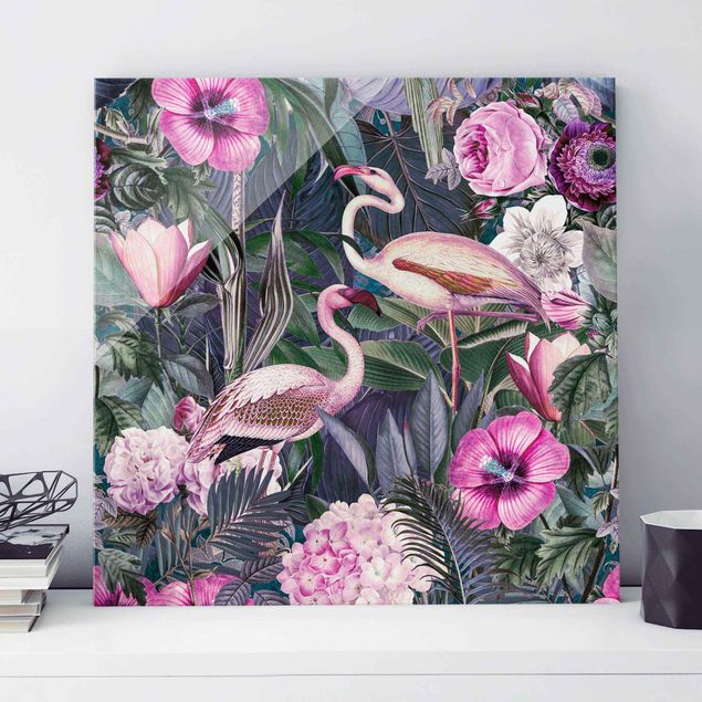 Glass prints rose Colourful Collage - Pink Flamingos In The Jungle