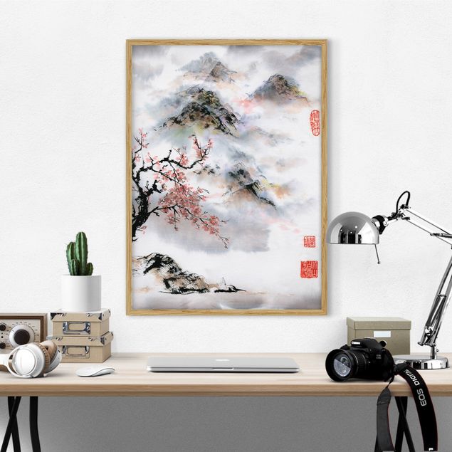 Kitchen Japanese Watercolour Drawing Cherry Tree And Mountains