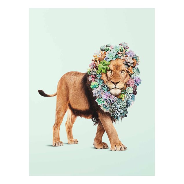 Glass prints flower Lion With Succulents