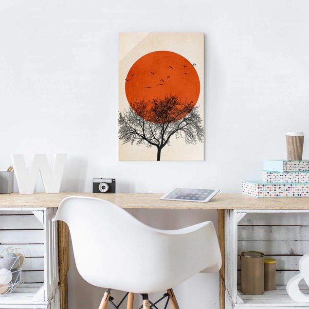 Landscape canvas prints Flock Of Birds In Front Of Red Sun II
