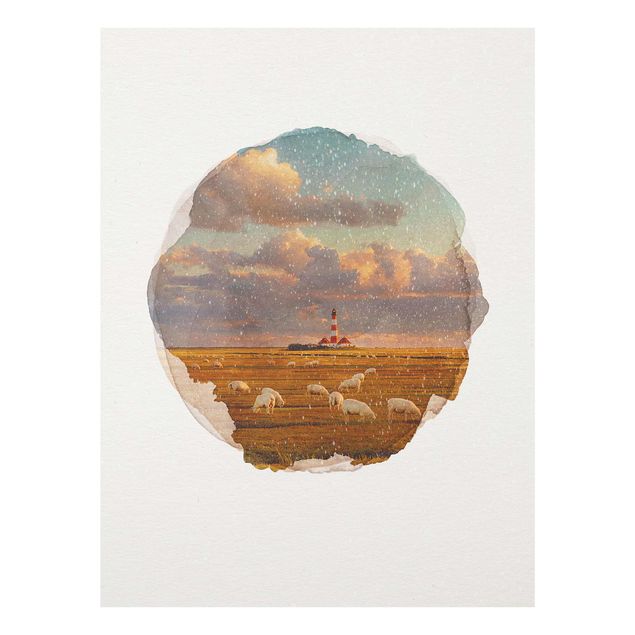Sea life prints WaterColours - North Sea Lighthouse With Sheep Herd