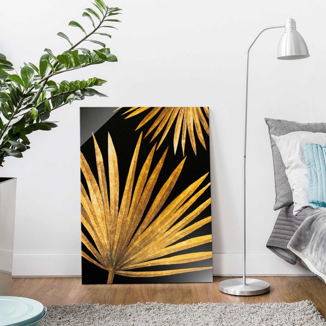 Glass prints flower Gold - Palm Leaf On Black