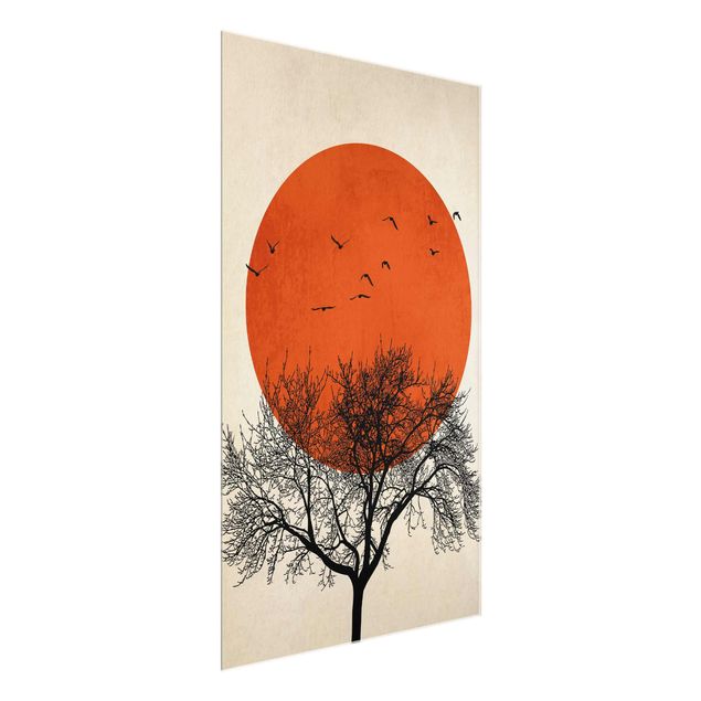 Glass prints landscape Flock Of Birds In Front Of Red Sun II