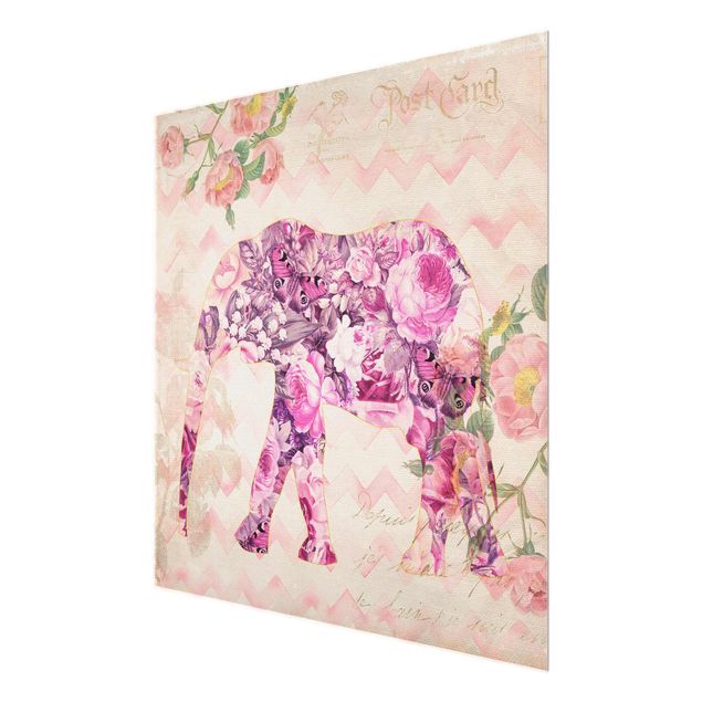 Art prints Vintage Collage - Pink Flowers Elephant