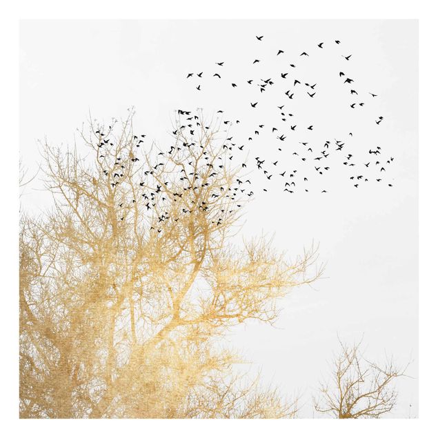 Glass prints pieces Flock Of Birds In Front Of Golden Tree