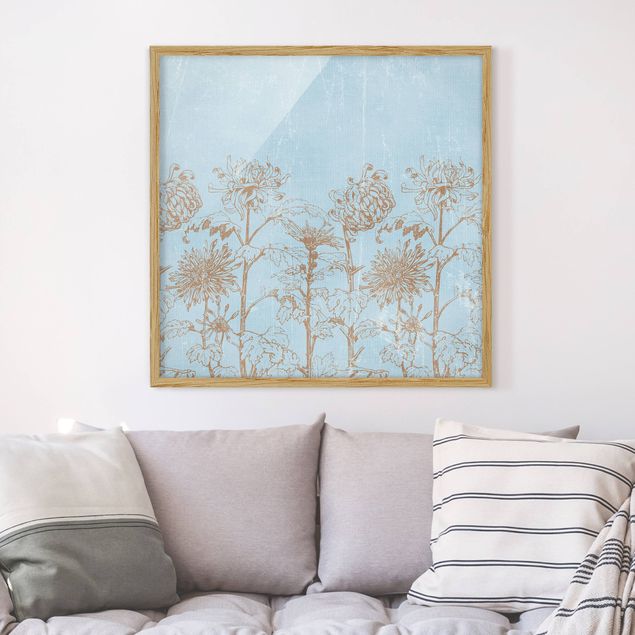 Floral canvas Etching In Blue