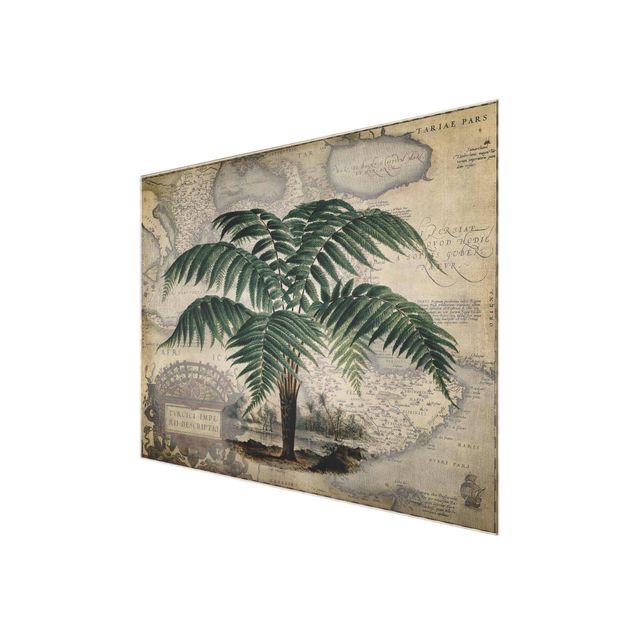 Green art prints Vintage Collage - Palm And World Map