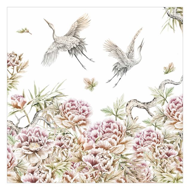 Contemporary wallpaper Watercolour Storks In Flight With Roses